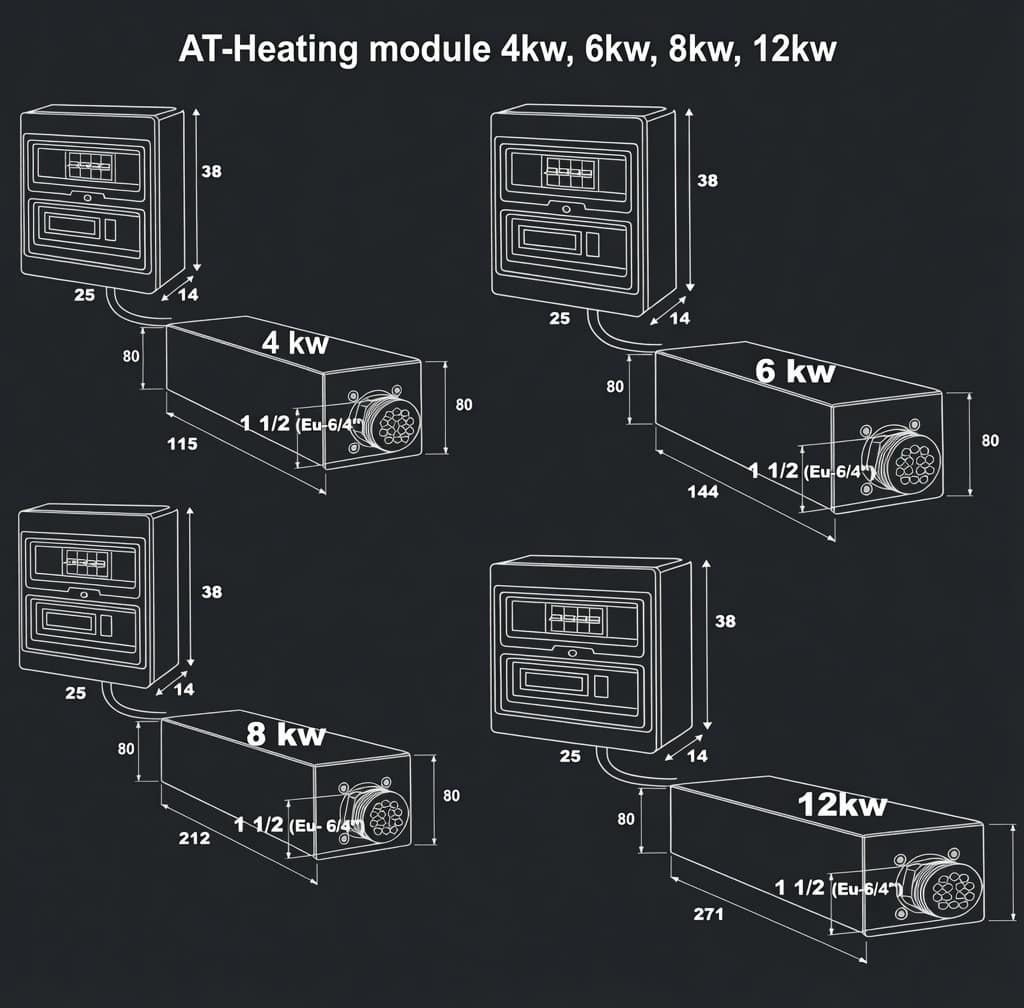 Teknisk ritning AT-värmemodul — dimensioner för 4, 6, 8 och 12 kW